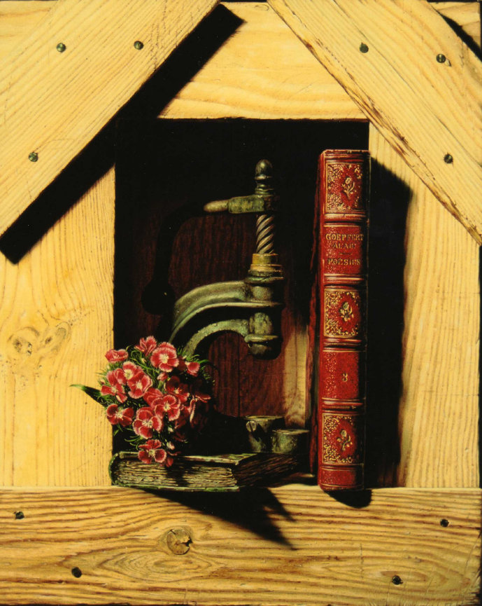 Posies, tableau en trompe-loeil reprsentant une niche en bois avec un livre de posies, une presse  oeillets et un bouquet doeillets 
de potes.