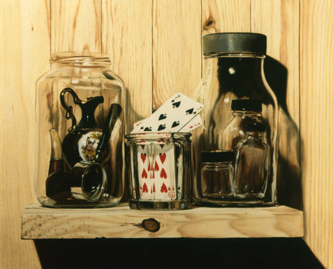 Les bocaux, tableau en trompe-loeil reprsentant des bocaux en verre transparent renfermant des flacons en verre, des cartes  jouer, 
une loupe, une pipe, une porcelaine.