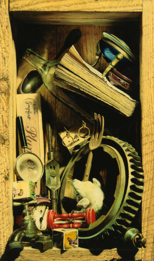 Capharnam, tableau en trompe-loeill reprsentant une caisse en bois renfermant ple-mle diffrents objets : un plumier, une loupe, 
un sablier, un livre, une bouteille, une bonbonnire, un rveil, etc.