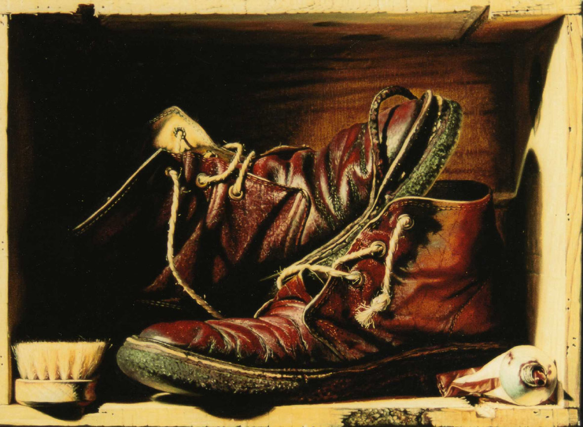 Les grolles (ou la brosse  reluire), tableau en trompe-loeil reprsentant, une paire de vieilles chaussures trs abimes mais brillantes, 
une brosse et un tube de cirage dans une caisse en bois.
