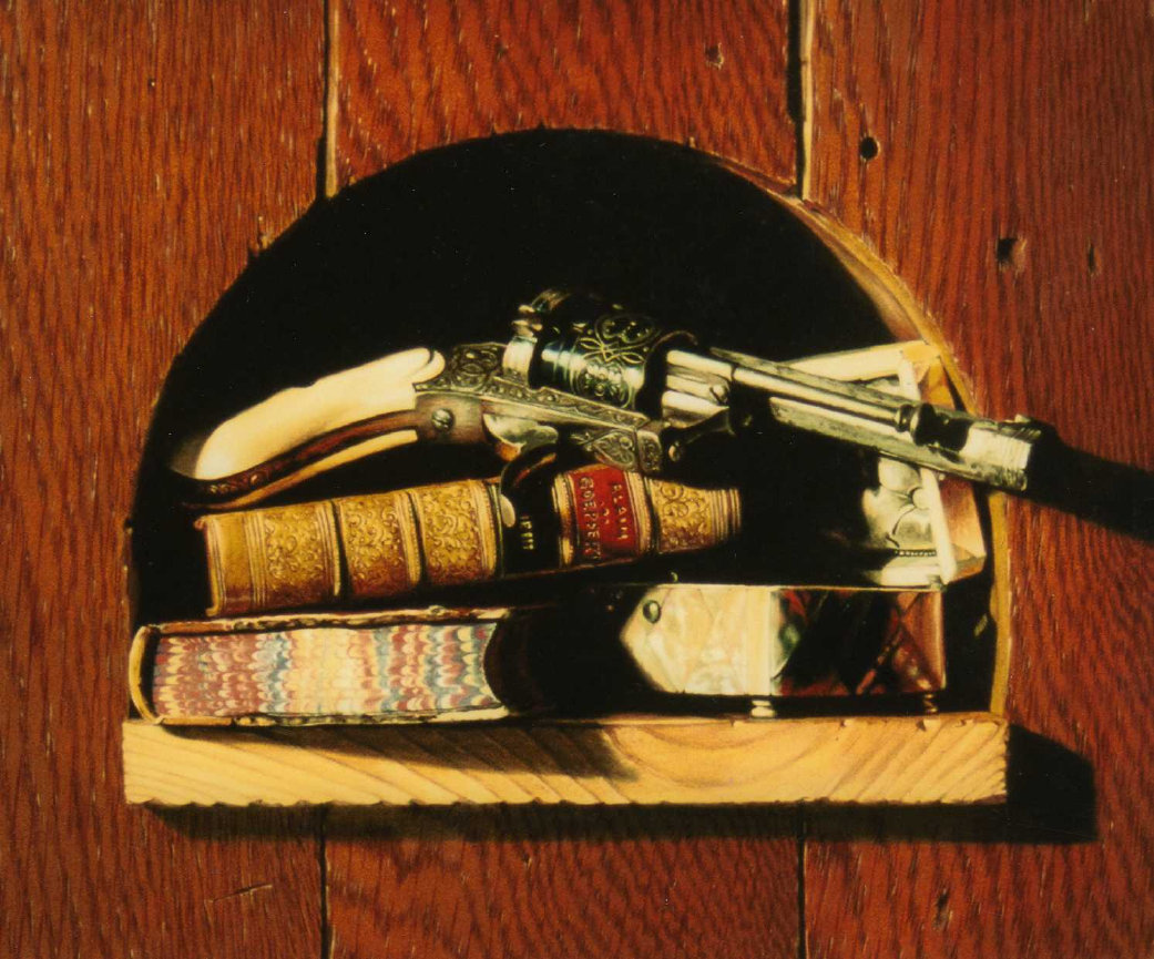 La niche au rvolver, tableau en trompe-loeil reprsentant une niche en bois avec des livres, une boite en nacre et un vieux rvolver.