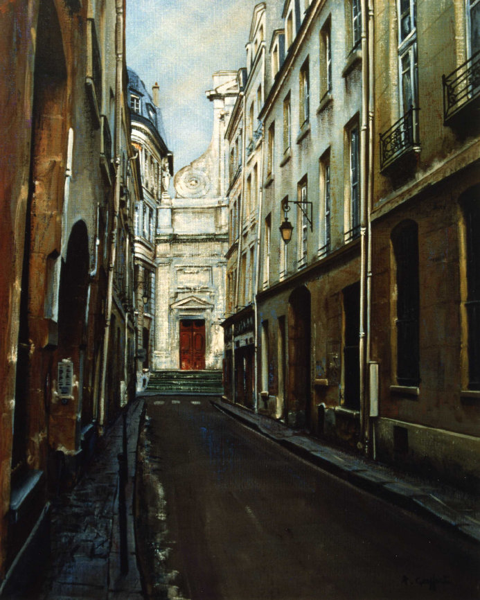 Rue Aubriot, tableau reprsentant une partie de la rue vue en direction de la rue Des Blancs Manteaux.