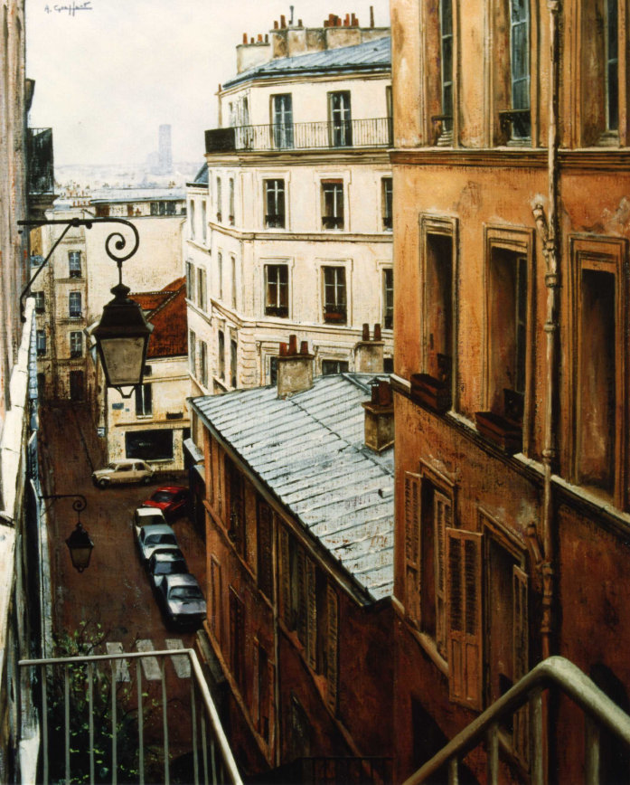Rue Drevet, tableau reprsentant vu du haut la rue Drevet  Montmartre.
