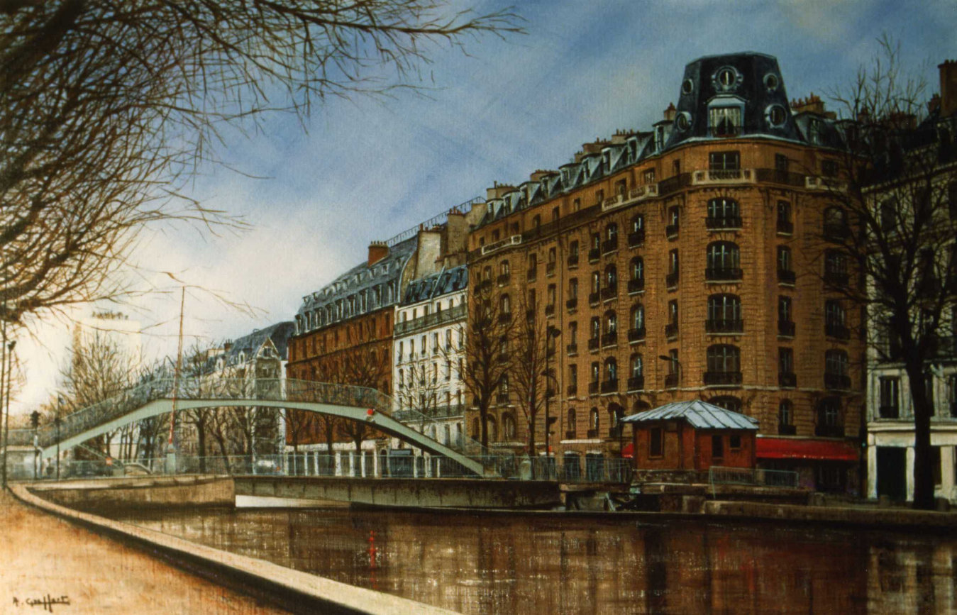 Canal Saint-Martin, tableau reprsentant une petite partie du canal et des immeubles le jouxtant.