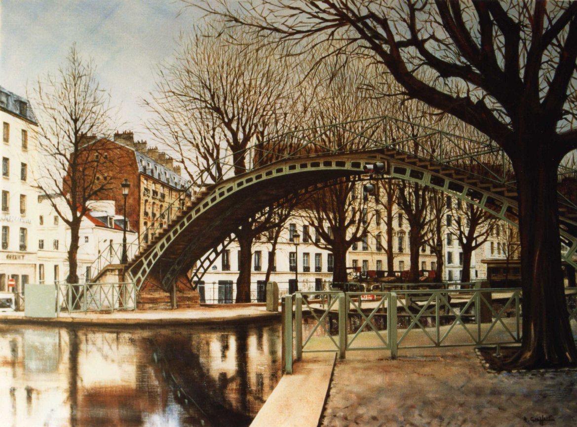 Passerelle sur le canal Saint-Martin, tableau reprsentant un pont en escalier pour pitons enjambant le canal Saint-Martin.