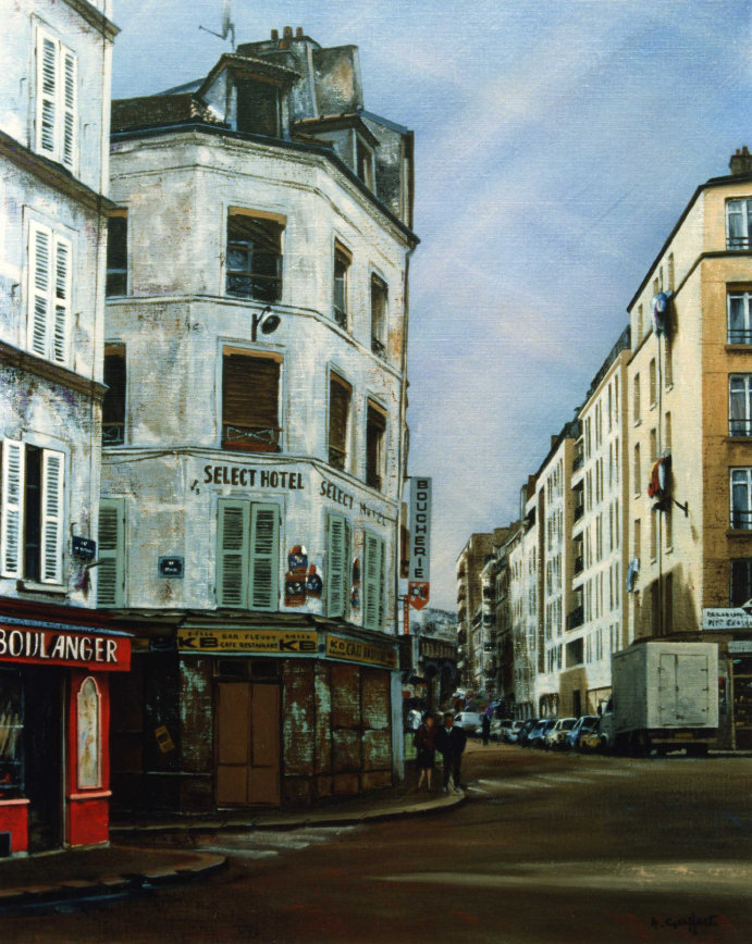 Slec Htel, tableau reprsentant un htel vtuste dans une rue du 18me arrondissement de Paris.