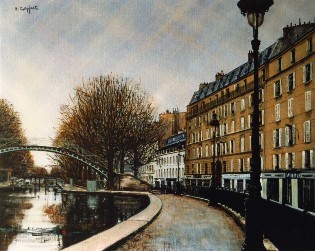 Quai de Valmy, tableau reprsentant le canal Saint-Martin, le quai et des immeubles avoisinants.