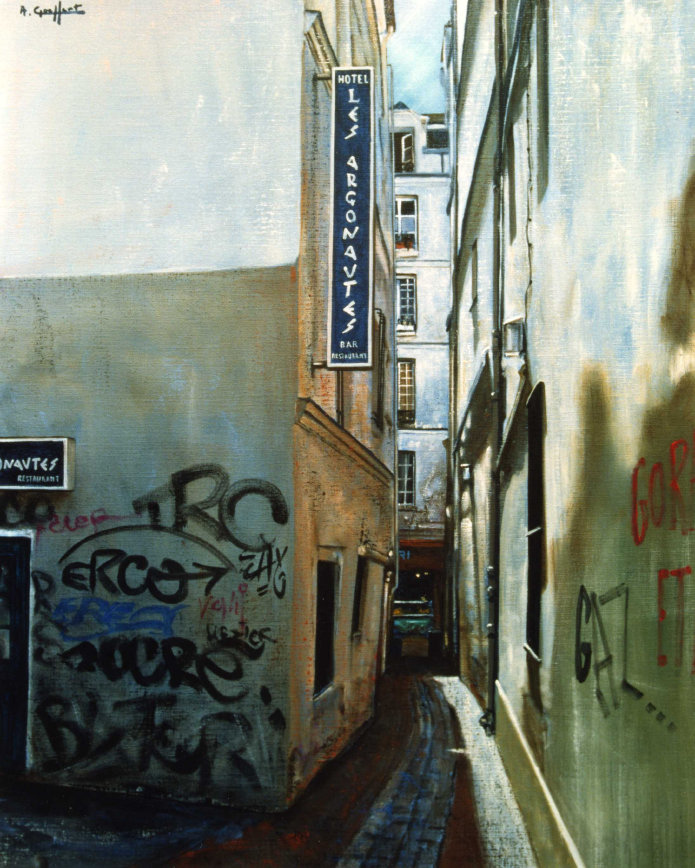Rue du Chat-qui-Pche, tableau reprsentant la rue du Chat-qui-Pche vu du quai Saint-Michel.