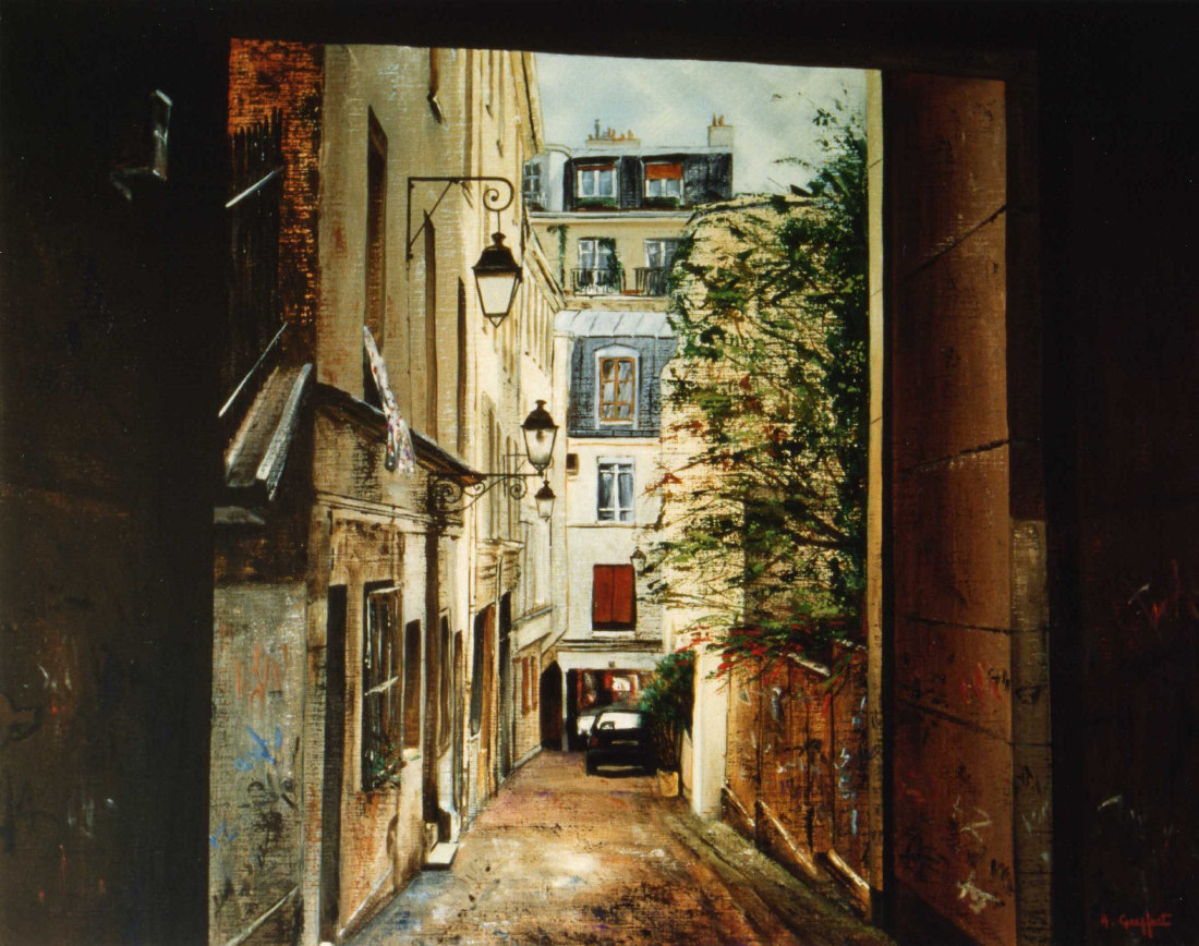 Passage des postes, tableau reprsentant le Passage des postes vu de la rue Lhomond vers la rue Mouffetard.