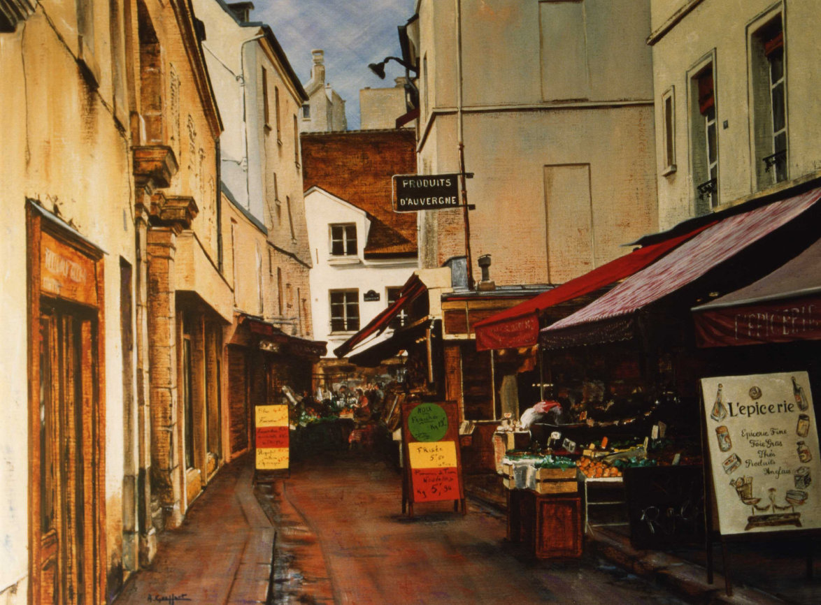 Rue Daubenton, tableau reprsentant les commerces du quartier de la Mouff dans la rue Daubenton.